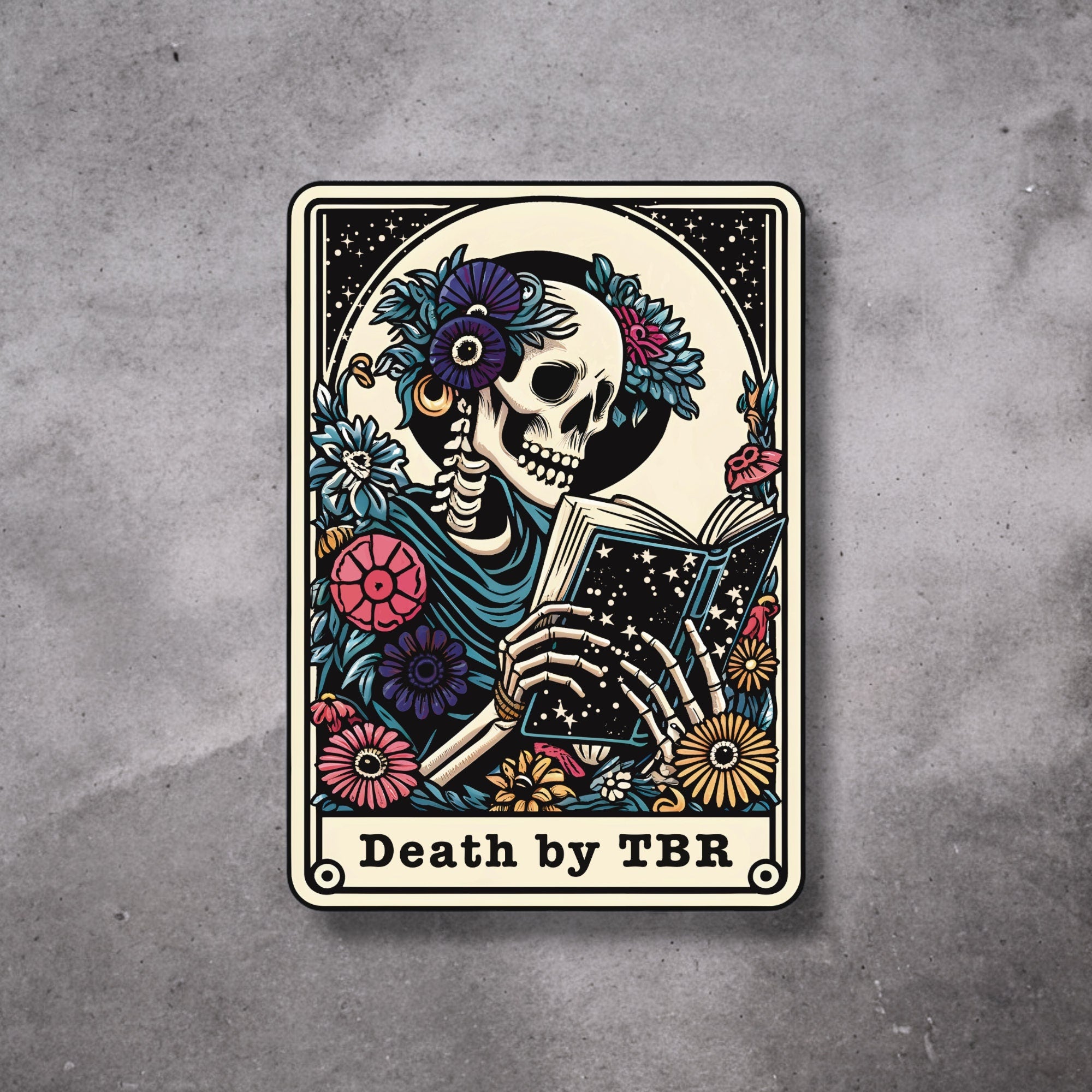 Death by TBR Sticker – Skeleton & Flowers Bookish Gift for Readers
